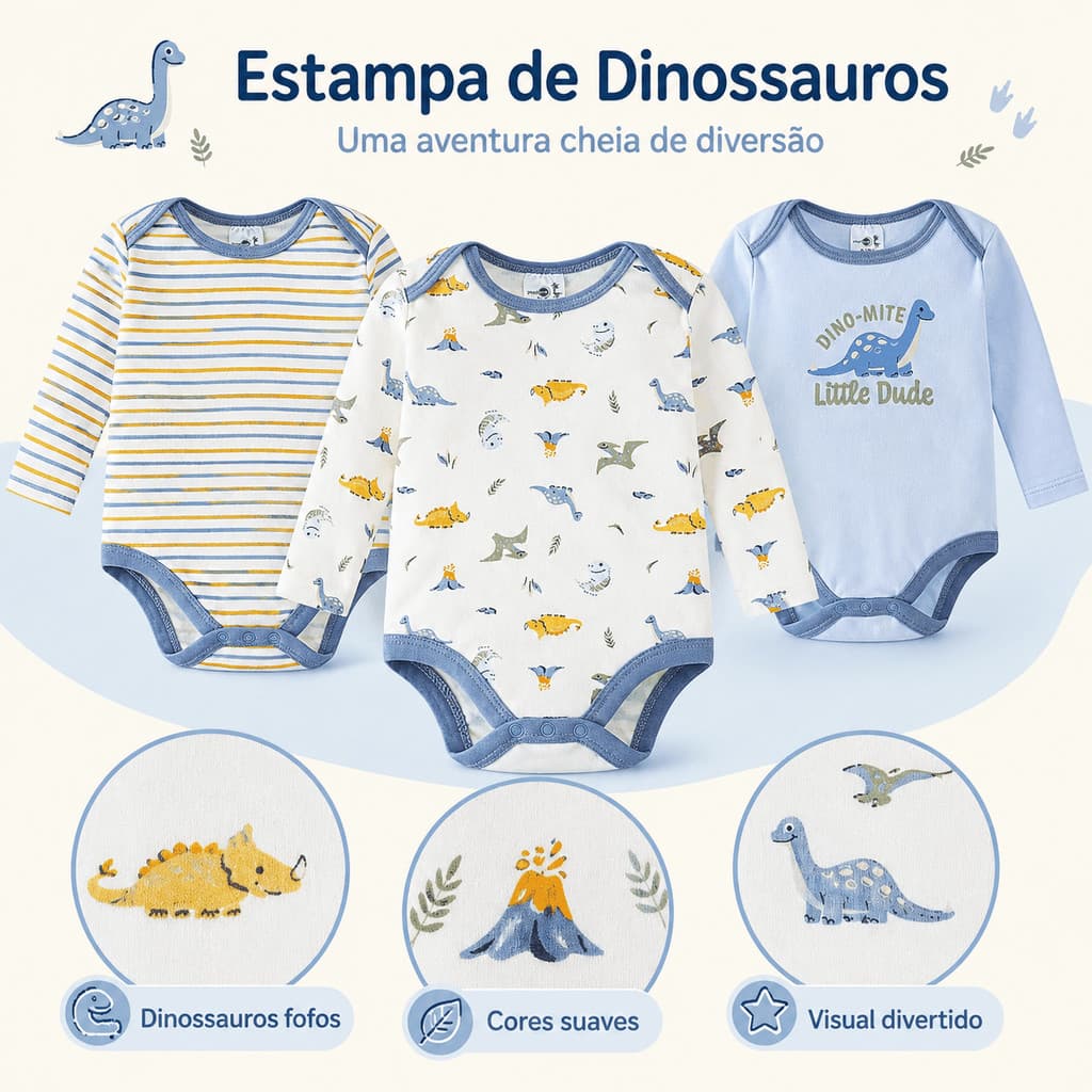 Kit 3 Bodies Bebê Manga Longa 60% Algodão 40% Poliéster Body Infantil Roupa Bebê Enxoval P M G 0 a 9 Meses