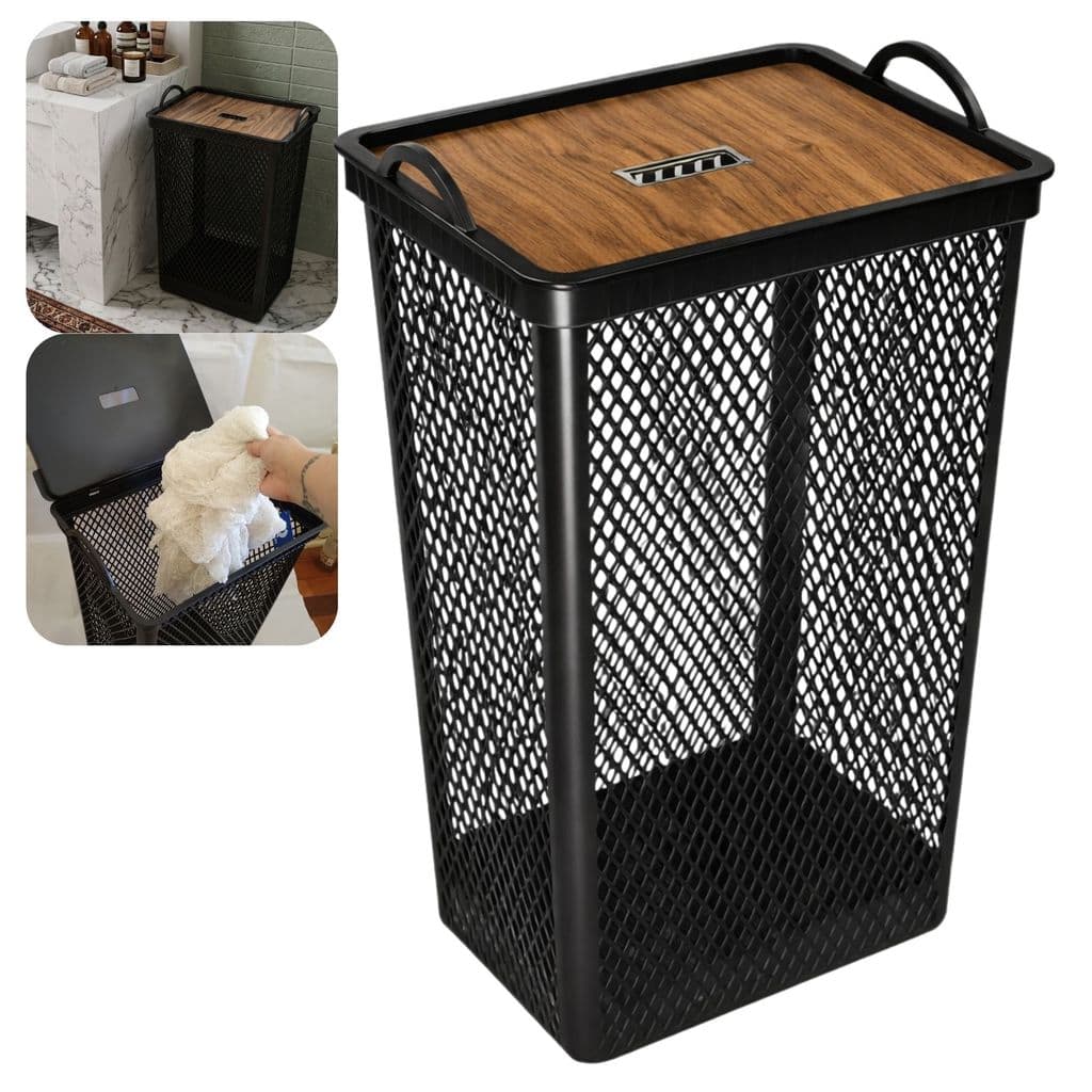 Kit 1/2 Cestos 49L Roupa Organizador Multiuso Tampa Label Madeira Banheiro Lavanderia Brinquedo