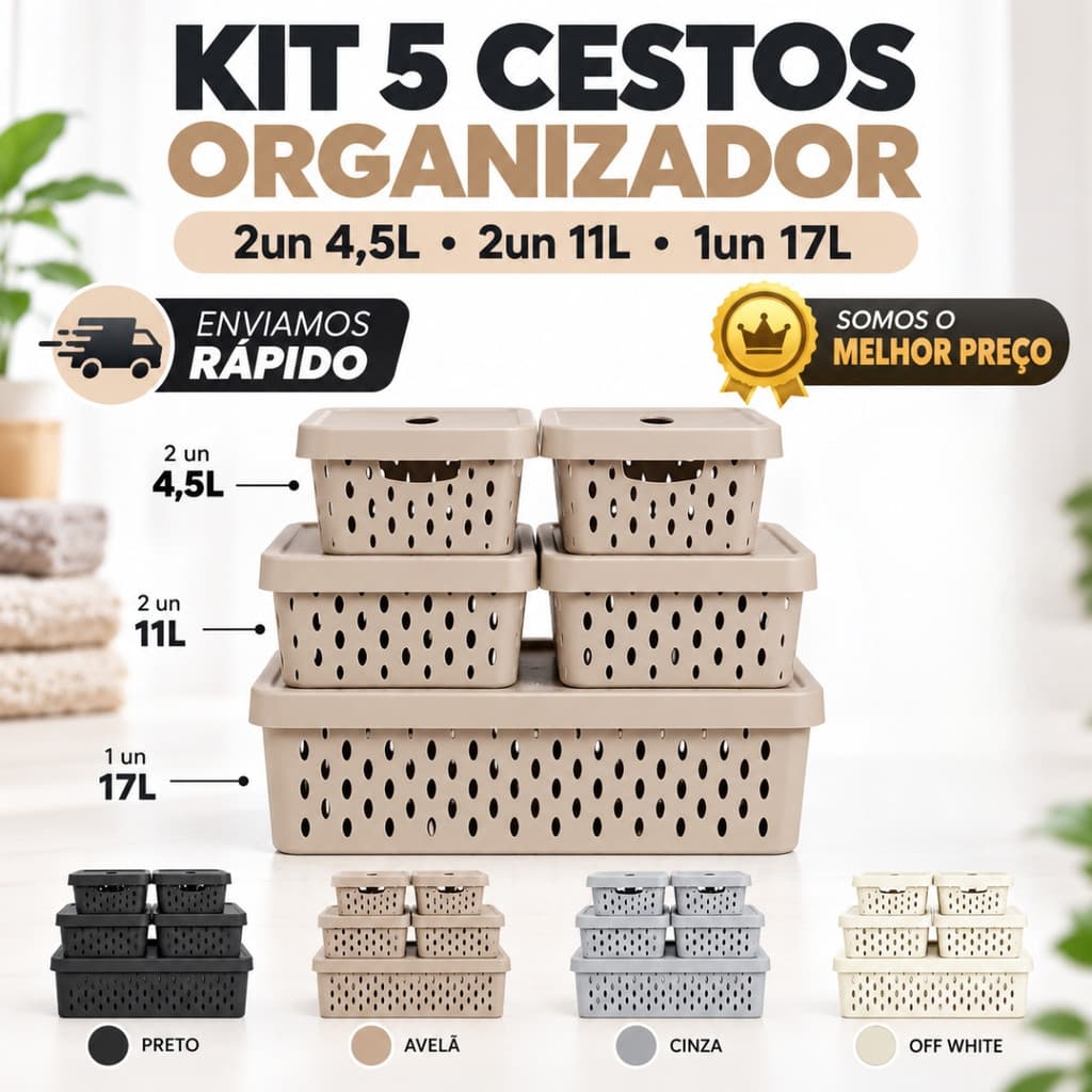 Conjunto 5 Cestos Organizadores com Tampa 4,5L 11L 17L para Closet, Banheiro, Cozinha e Casa