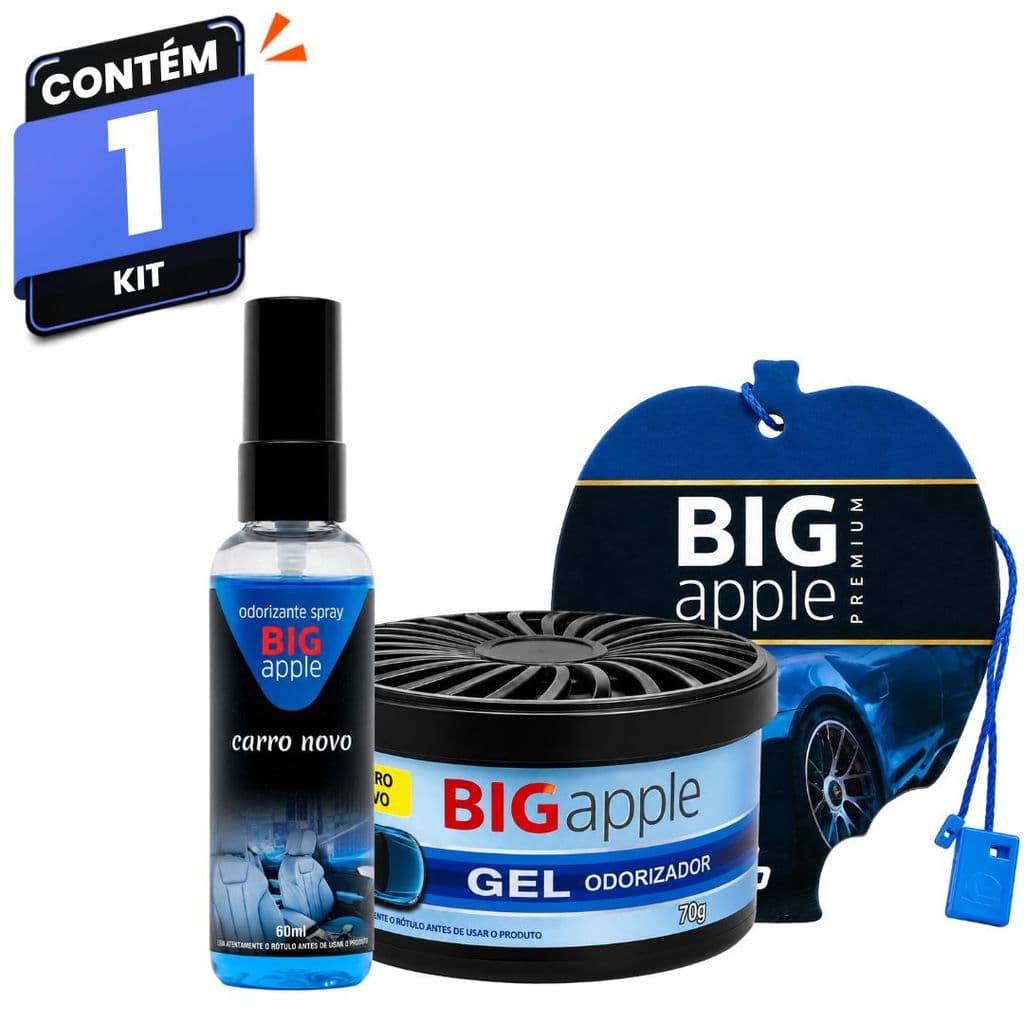 Kit Trio Big Apple Carro Novo Sachê Spray 60ml Gel 70g Para Carro Cheirinho Para Armário