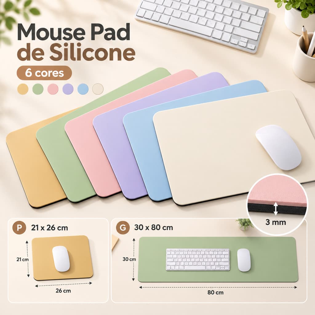 Mouse Pad 3mm Antiderrapante para Computador Notebook Gamer Escritório 21x26cm 30x80cm em 6 Cores Confortável e Resisten