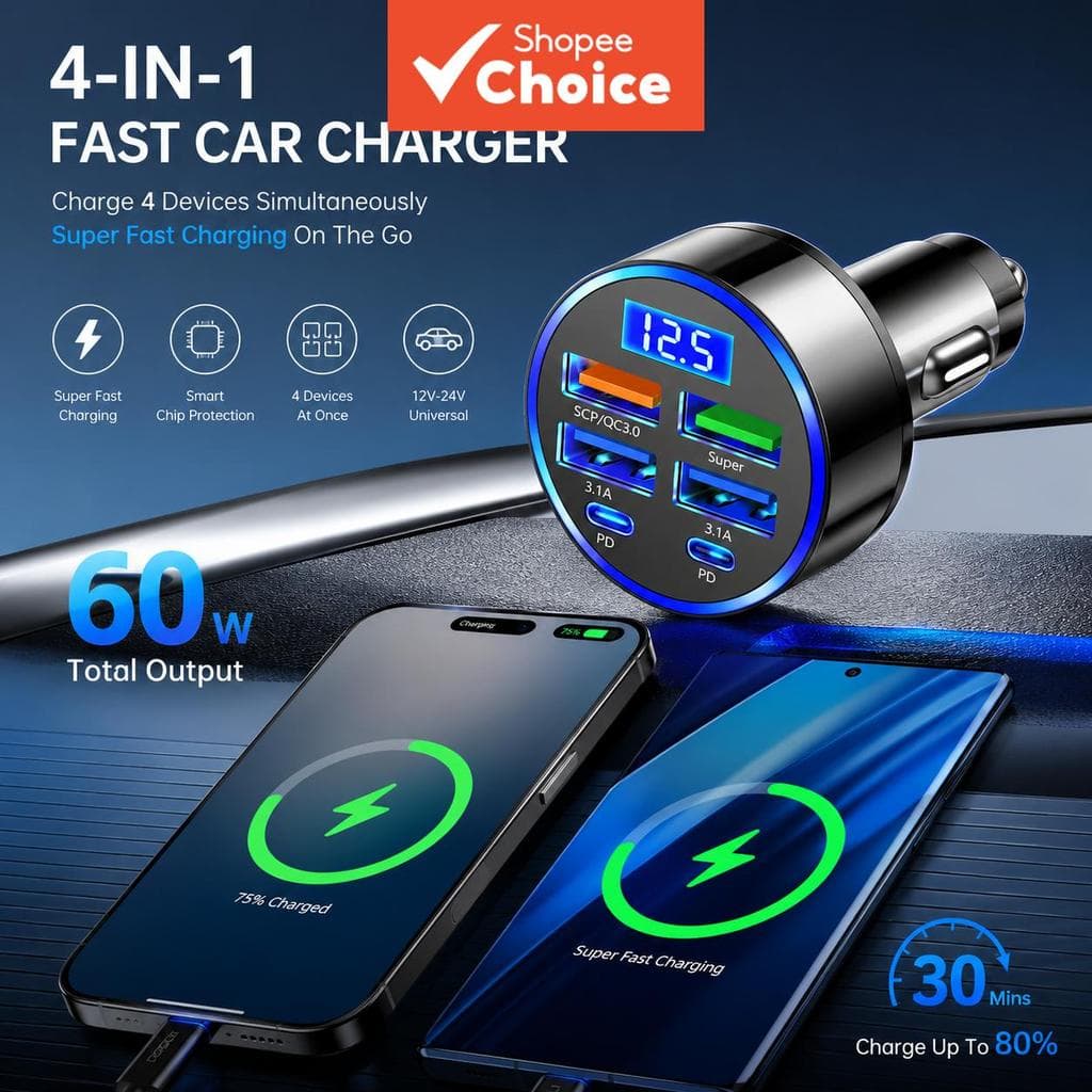 Carregador De Carro USB De 6 Portas Carga Rápida QC3.0 Plugue De Isqueiro Rápido Display Digital