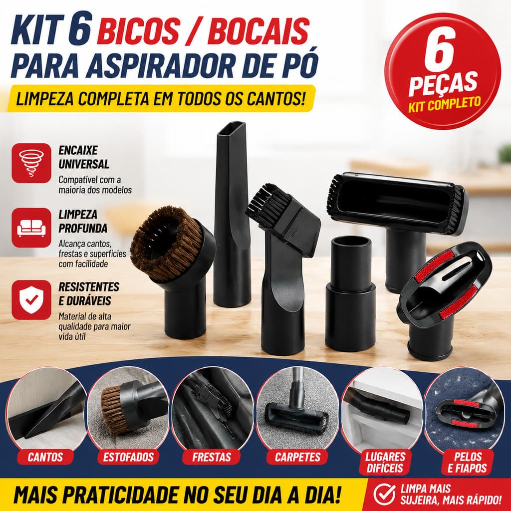 Kit 6 Bico Bocal Escova Para Aspirador De Pó Peças Acessórios Estofado Canto Carpete Universal