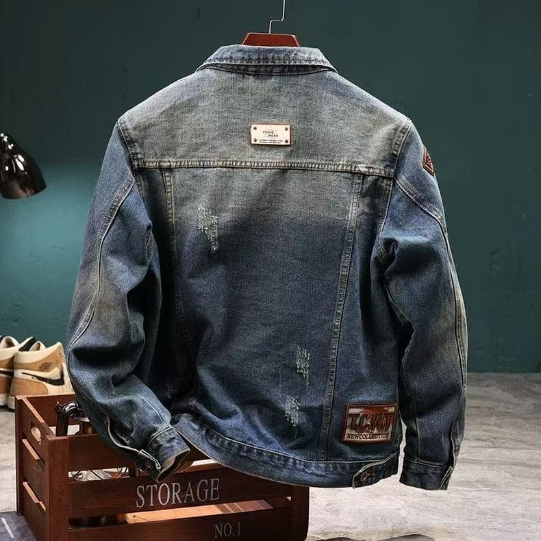High-End rotulagem denim jaqueta masculina primavera outono rua Wear Casual jaqueta de trabalho masculino americano Retr