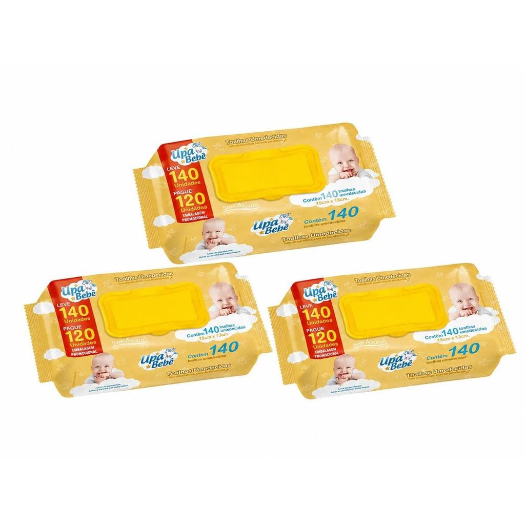 Kit 3 Toalhas Umedecidas Upa Bebê 140 Unidades Leve 140 Pague 120 Sem Álcool