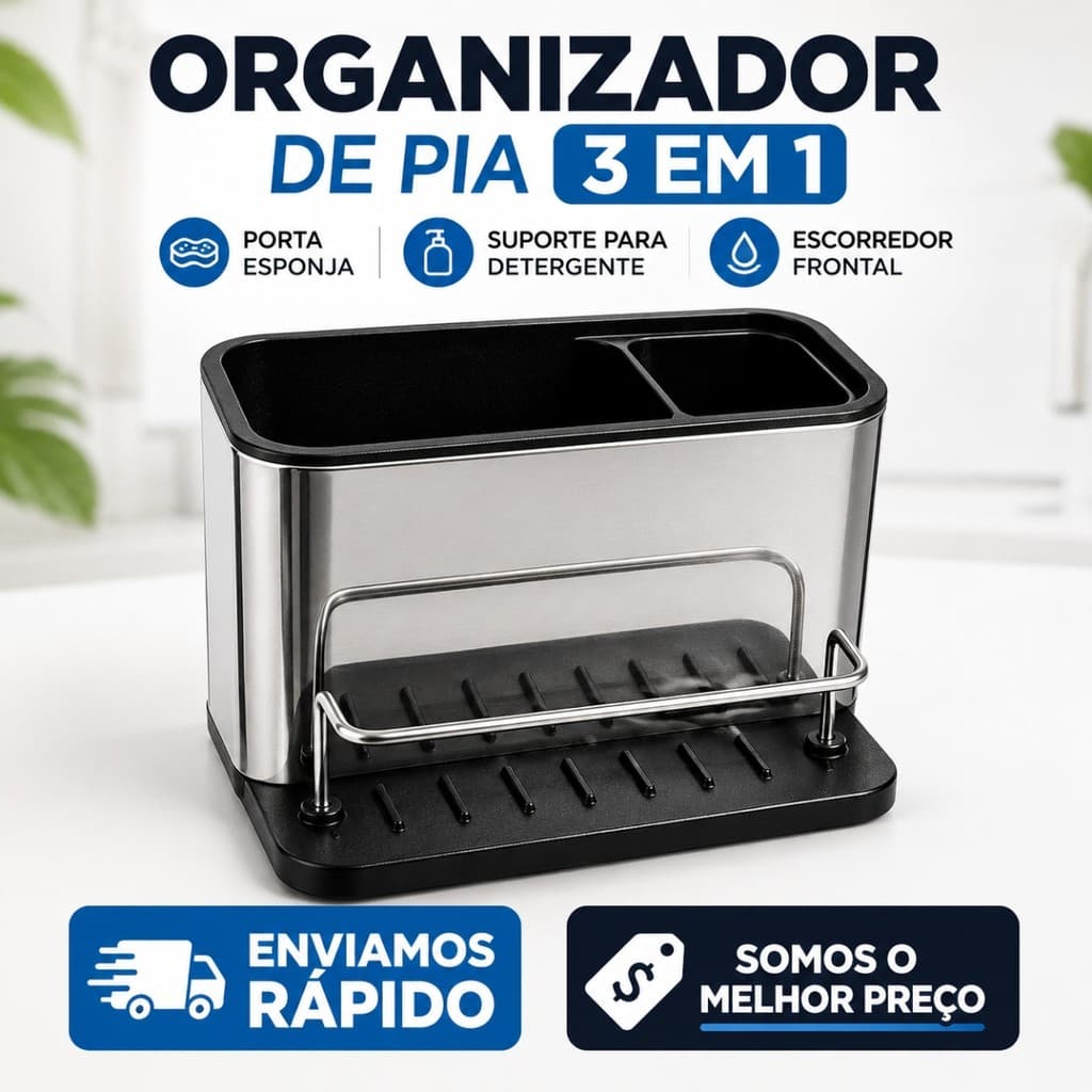 Organizador Pia Cozinha 3 em 1 Porta Esponja Detergente Pano Suporte Multiuso Bancada Utensílios