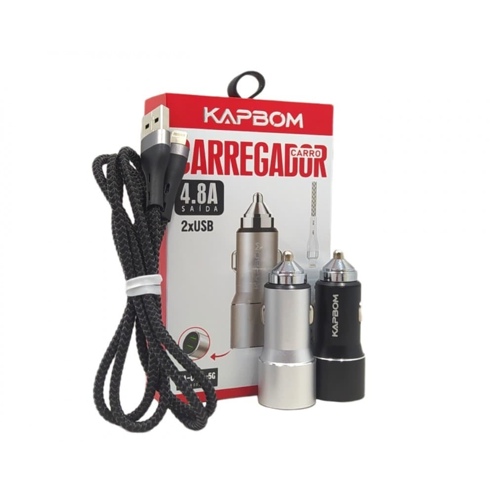 Carregador Veicular Kapbom KA-C101-5G Turbo 12V 4.8A com 2 Portas USB e Cabo Conector IOS