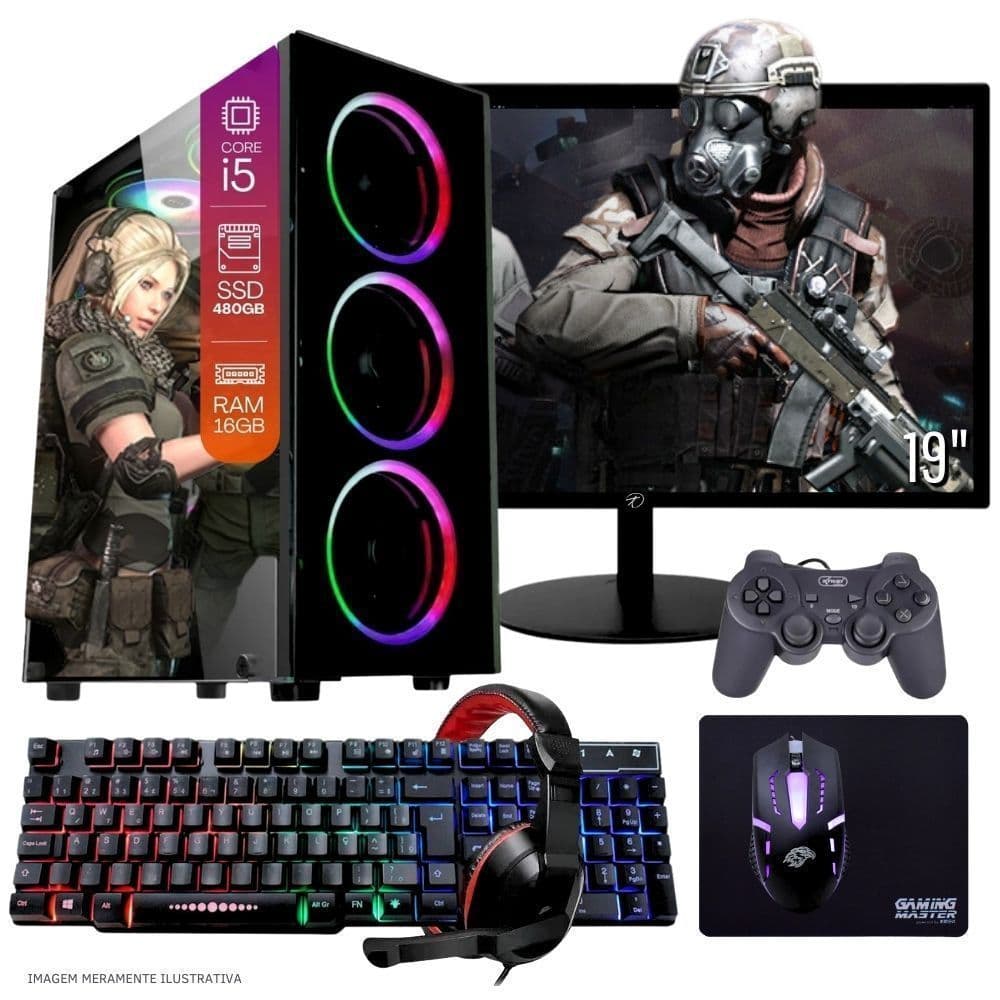 Computador PC Gamer  TOB   i5  480GB 16GB Kit Gamer e Headset Gamer Joystick Monitor 19” Windows 10 Pro Trial