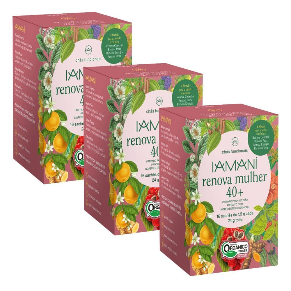 Kit 3 Chá Orgânico Renova Mulher 40+ Alê Feltre 4 Blends 16 Sachês Iamaní