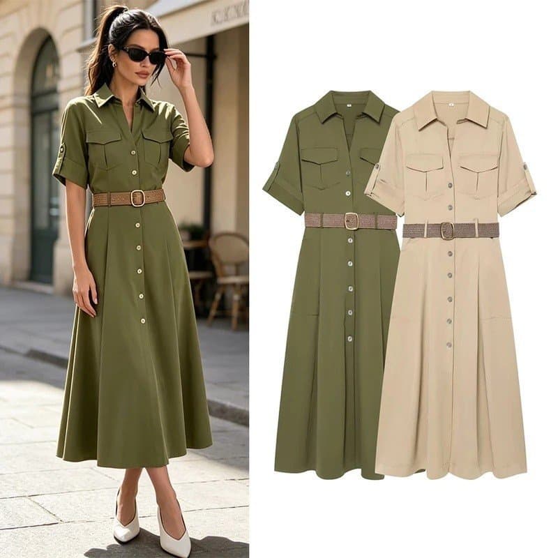 Vestido Camisa Feminino de Verão, Moda 2026, Vestido Longo com Cinto e Abotoamento Frontal, Vestidos Casuais Femininos V