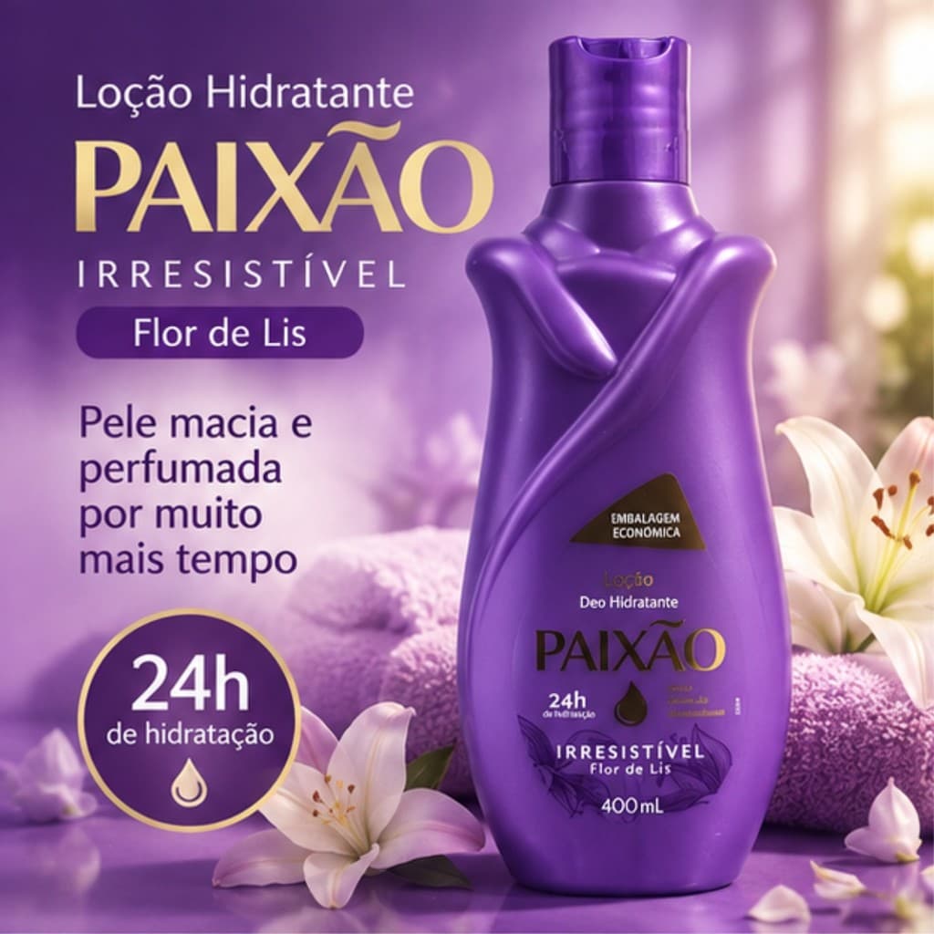 Loção Hidratante Paixão Irresistível Flor de Lis 400ml Deo Corporal Hidratação 24h Creme para Corpo Uso Diário