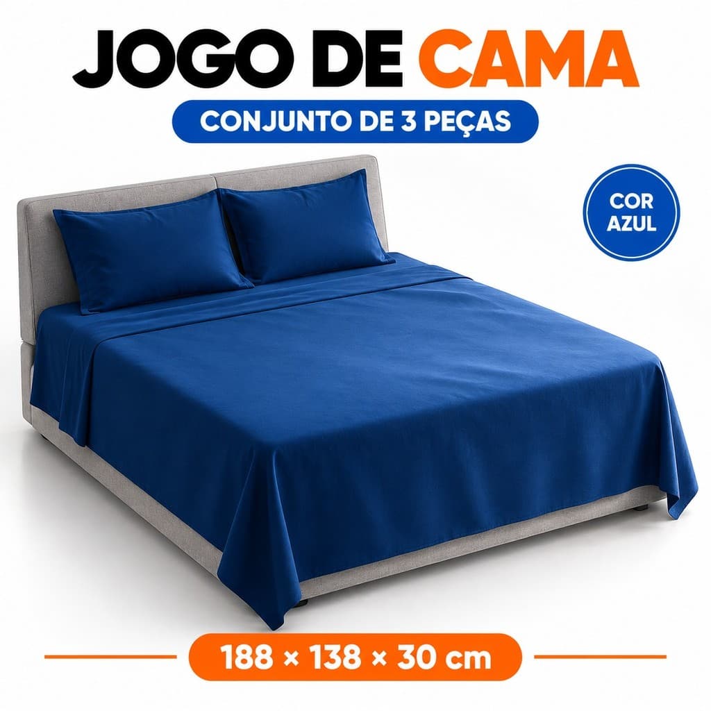 Jogo de Cama Casal 3 Peças Azul 400 Fios, Lençol com Elástico 188x138x30 cm