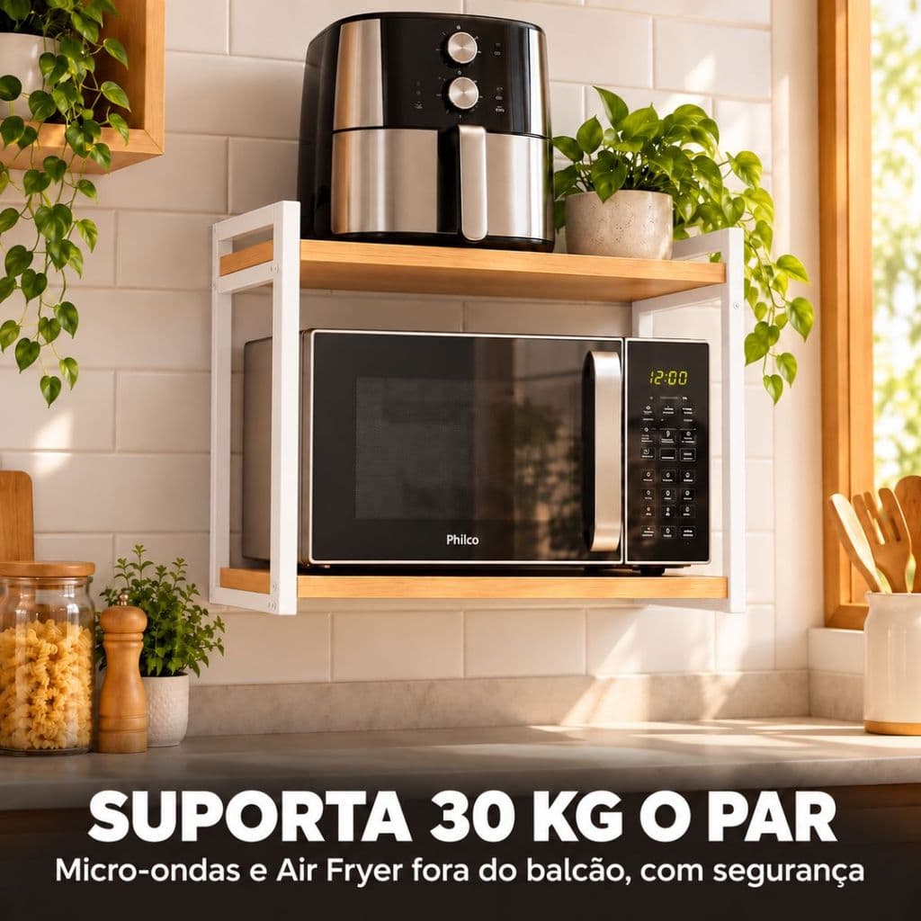 Suporte Microondas Air Fryer Parede Prateleira Aço Industrial Kit 2
