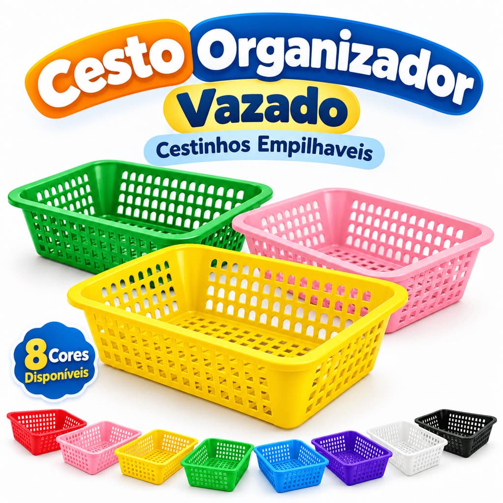 Cesto Organizador Multiuso Plástico Vazado Empilhável Casa Lavanderia Banheiro Quarto Dispensa Resistente