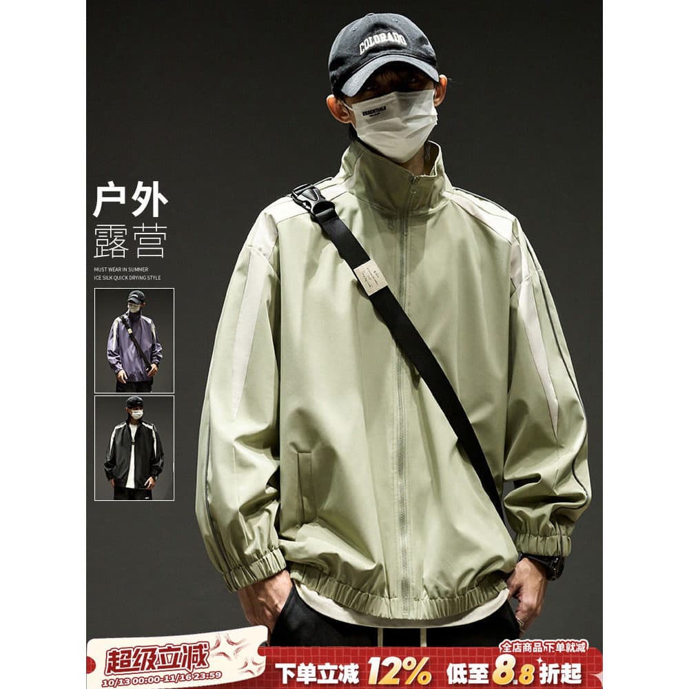 Jaqueta masculina 2026 novo estilo piloto gola jaqueta masculina outono estilo japonês costura lateral listrado jaqueta 