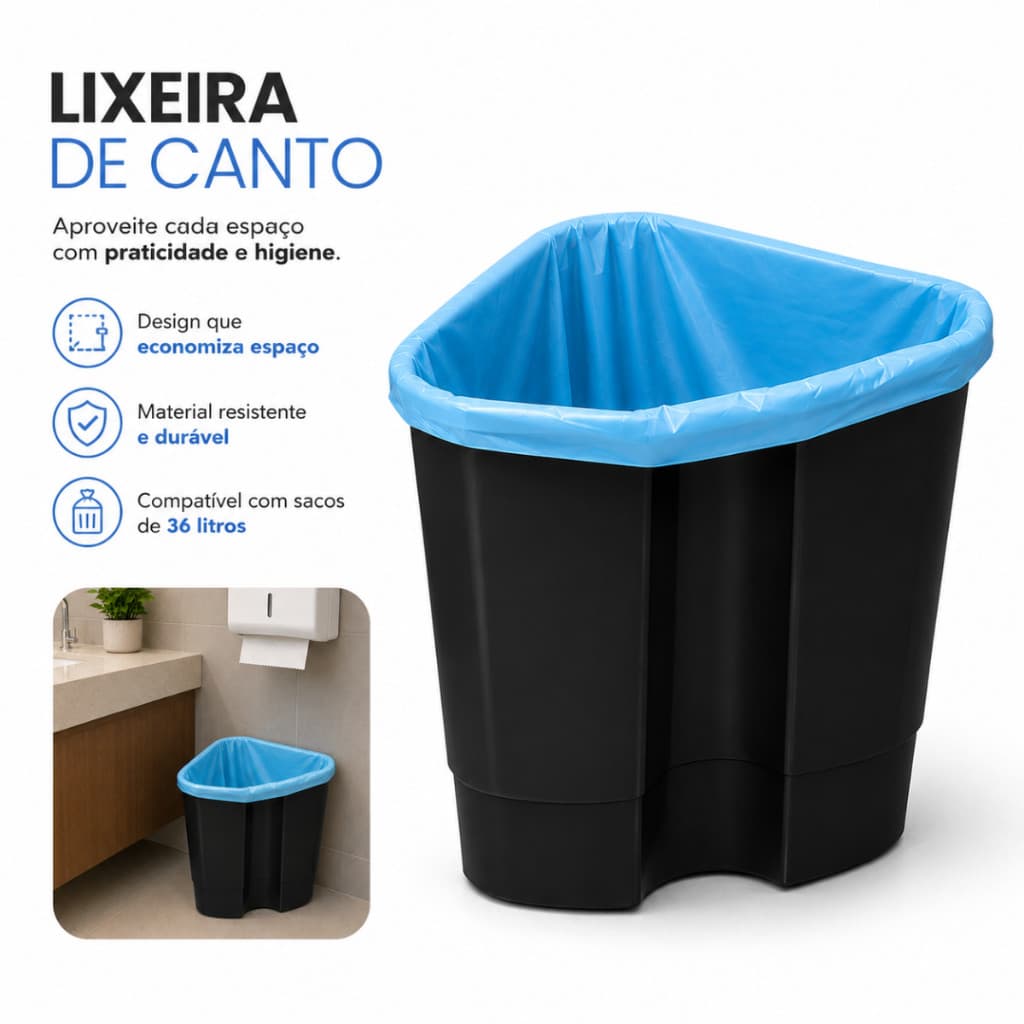 Lixeira de Canto 36L Litros Cesto Organizador Resistente Grande Banheiro Quintal Multiuso