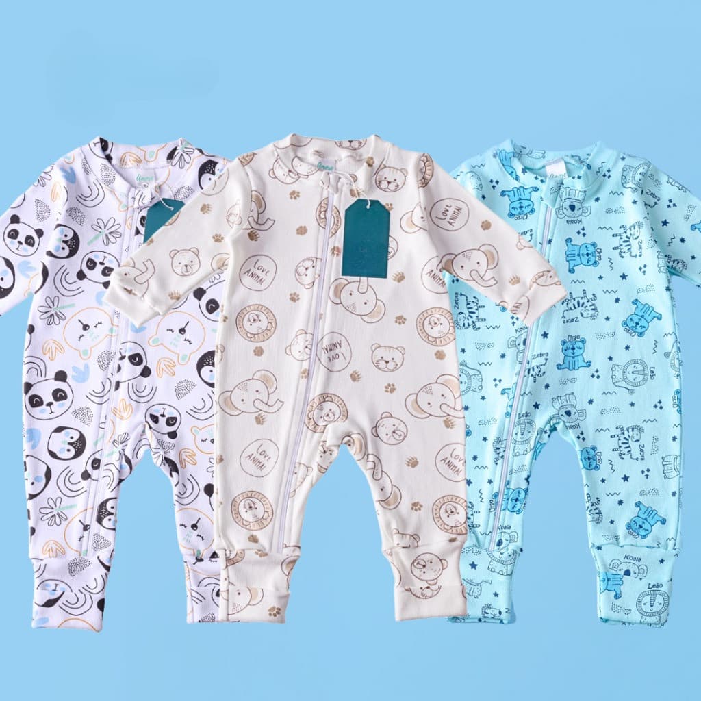 Kit 3 Macacões Bebê Famvy 100% Algodão com Zíper e Vira Pé | Enxoval Bebê