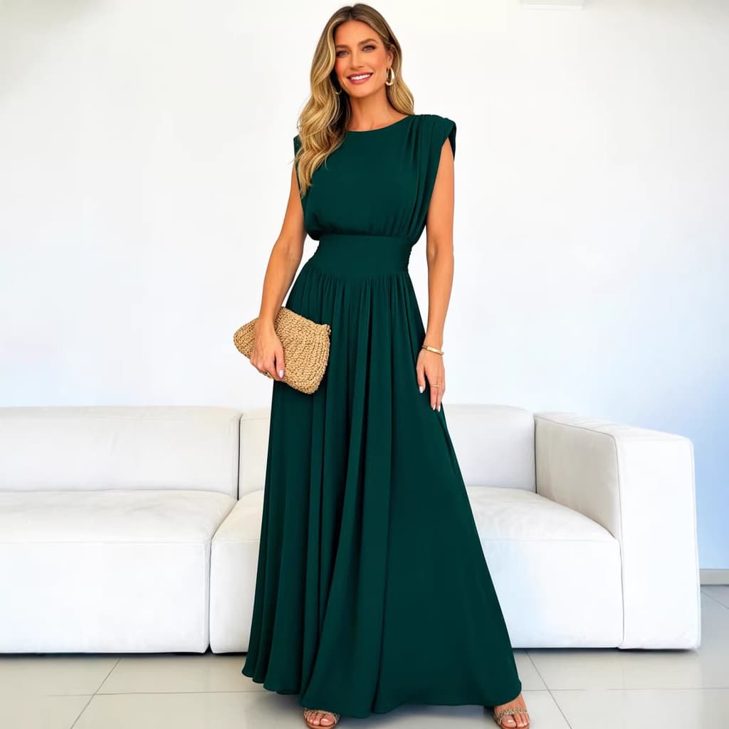 Verão sem mangas plissado elegante vestido feminino festa vestido longo elegante vestido de cintura estreita