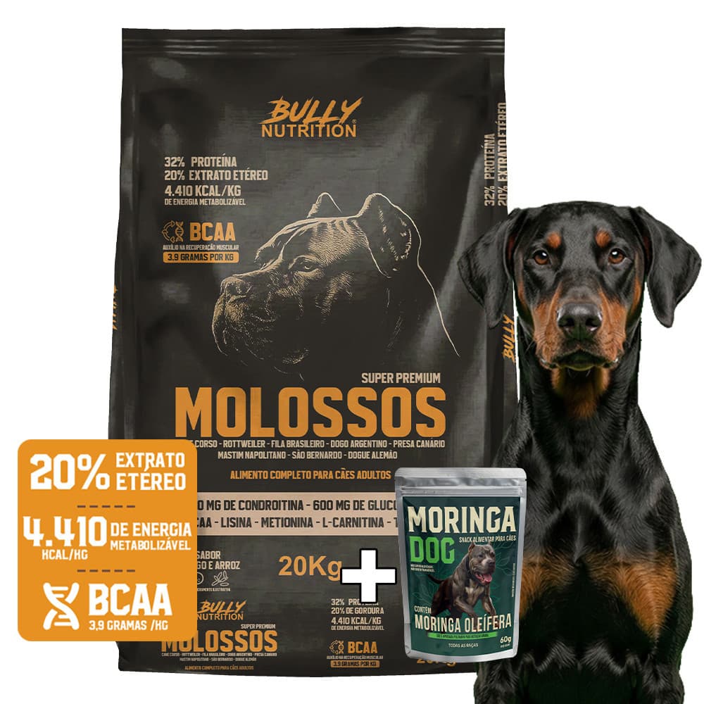 Ração Para Cachorro Dobermann Molossos Super Premium 20Kg + Moringa Dog 60g