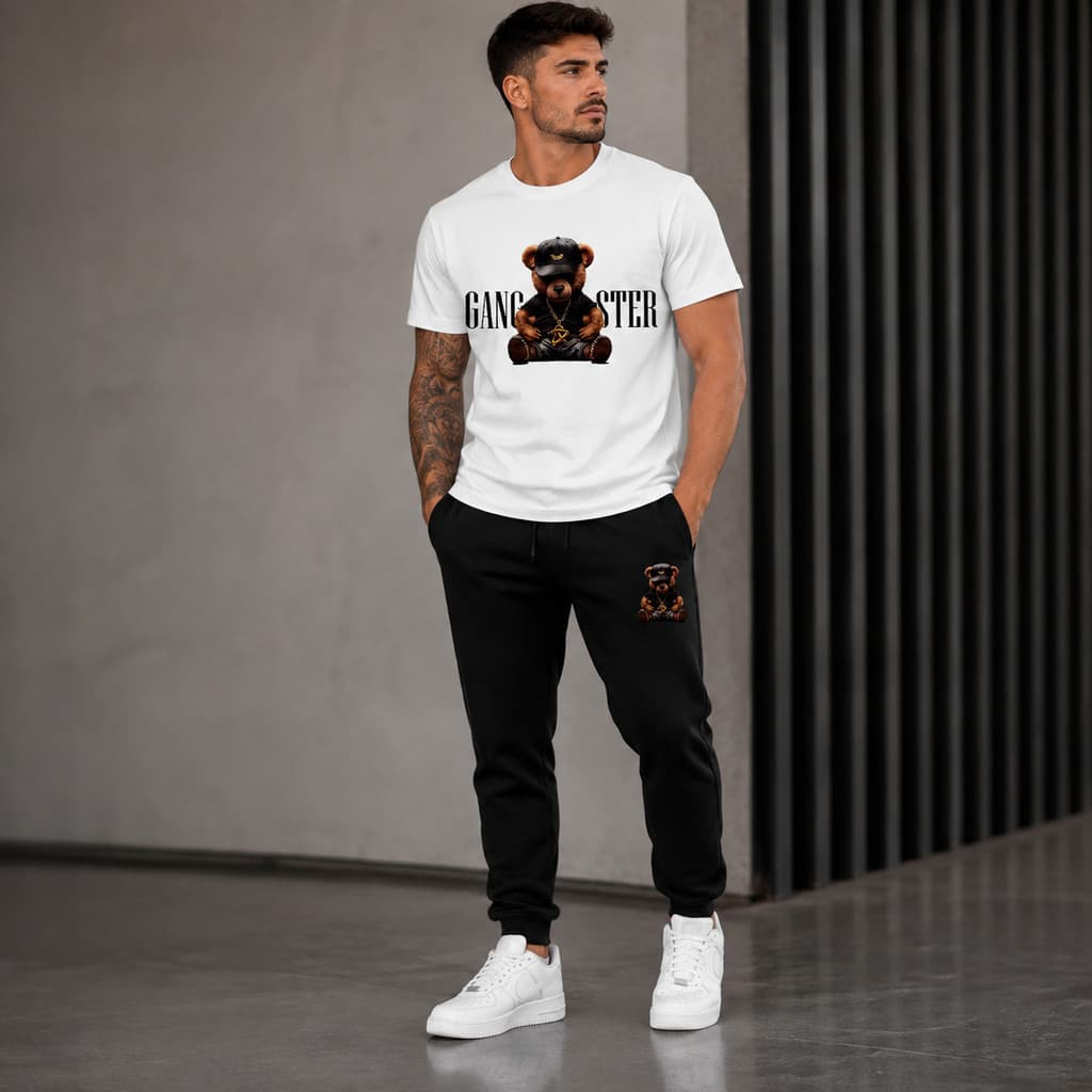 Kit Conjunto Urso Gangster Camiseta e Calça moletom  Moda Streetwear casual Premium  Malha Algodão + calça Moletom art