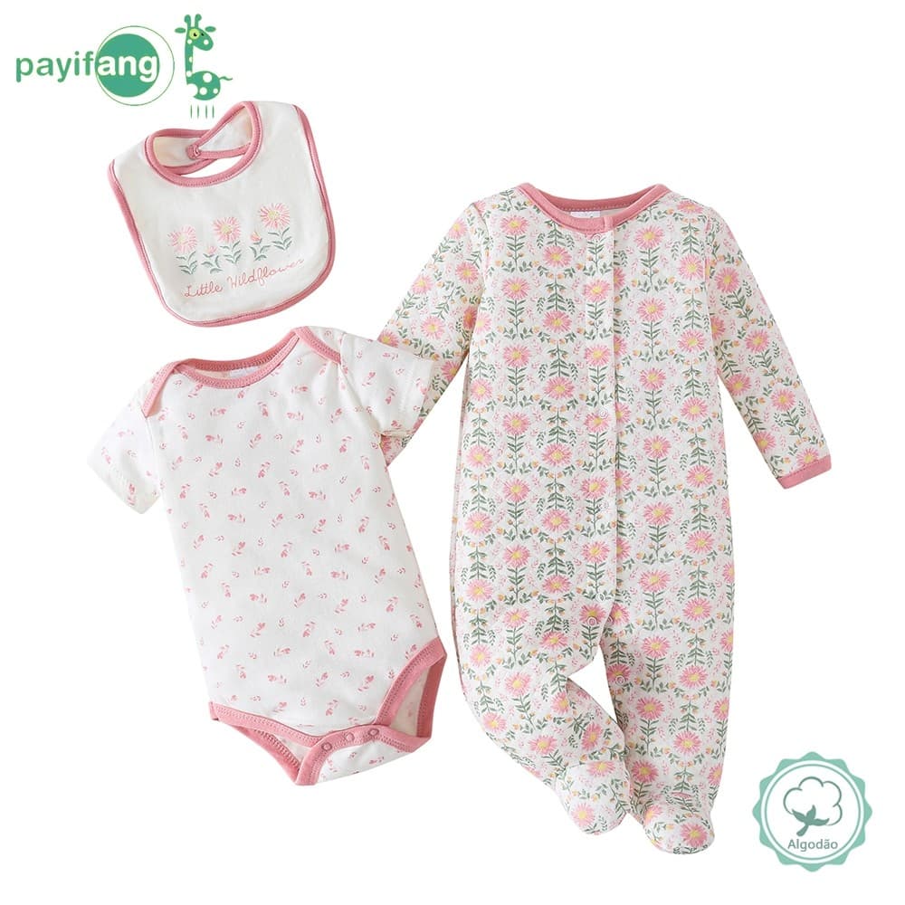 Payifang Kit Enxoval Bebê Menina 0-9 Meses 100% Algodão Flor Silvestre Mameluco com Pé Body e Babero | PF