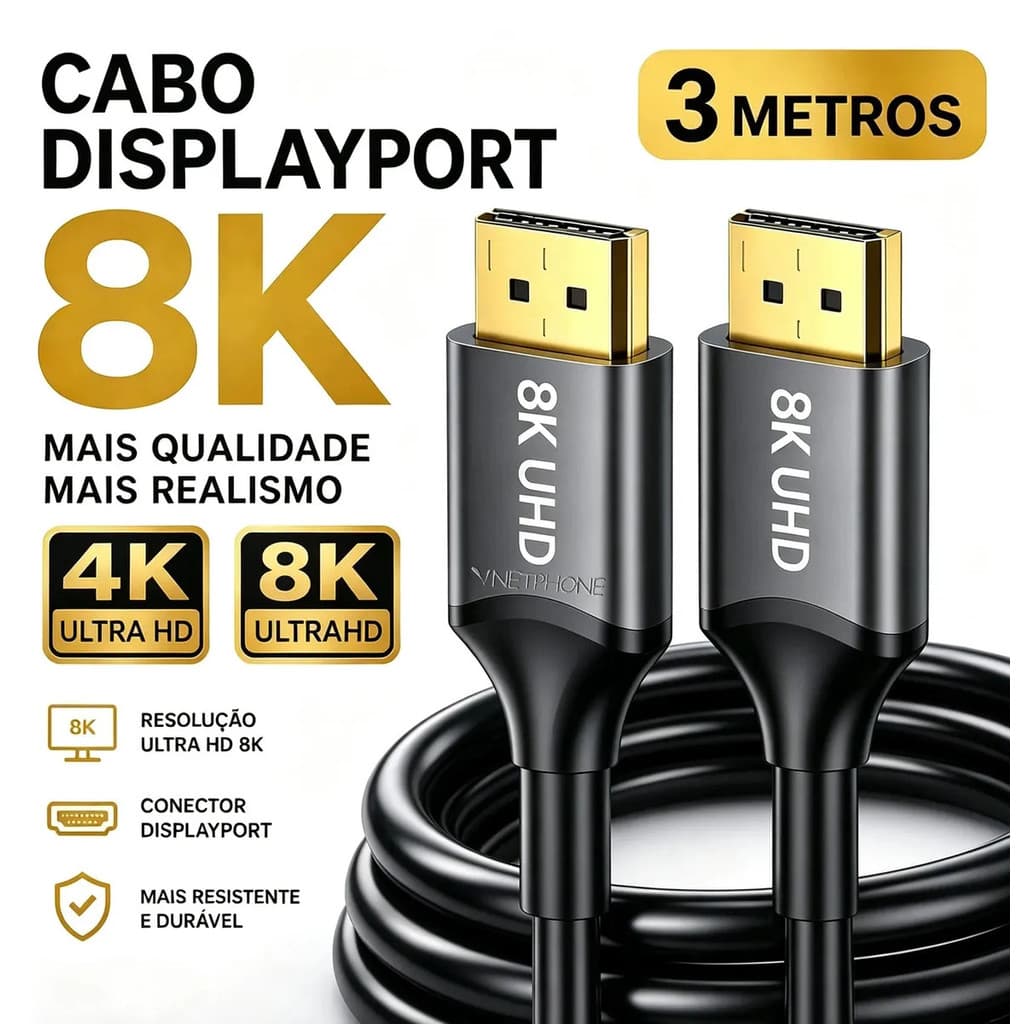 Cabo DP 1.4 3m Reforçado:8K/4K HDR,60/240Hz,G‑Sync FreeSync,conectores banhados ouro para PC,monitor gamer,placa vídeo