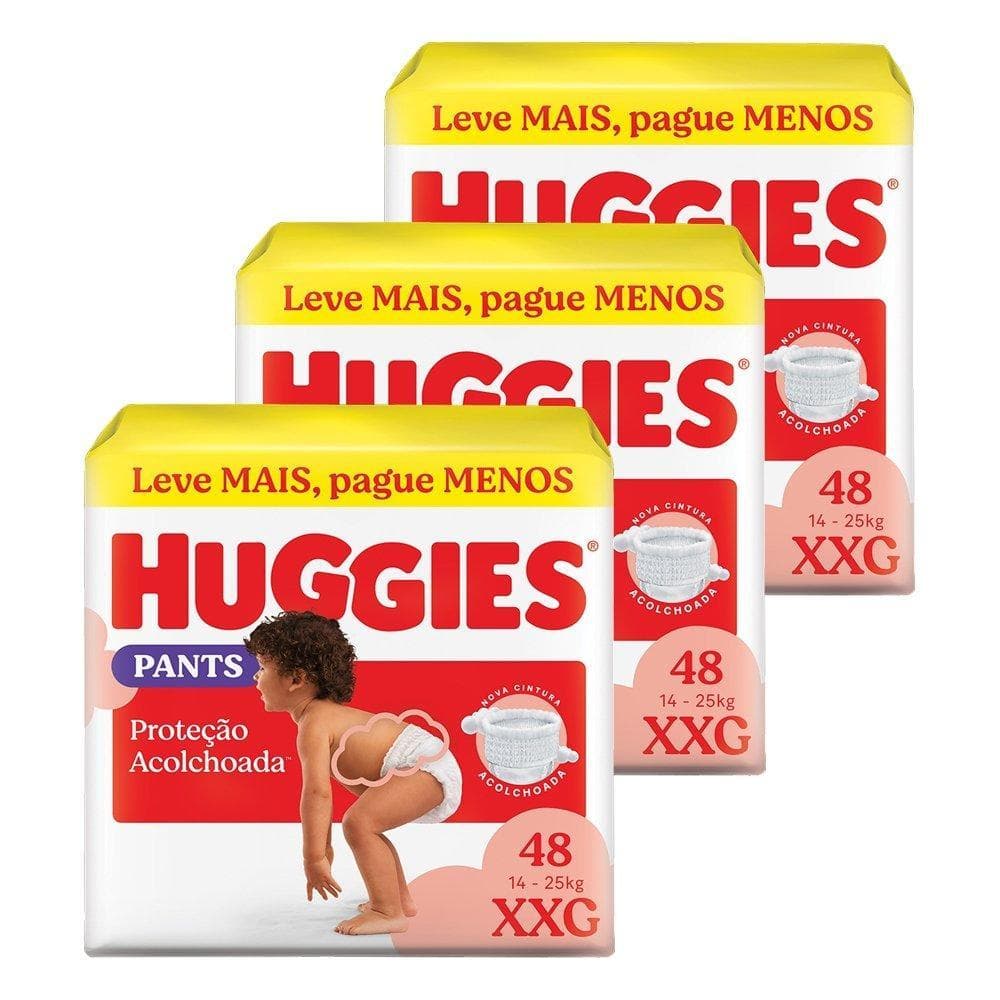 Fralda Descartável Huggies Hiper Roupinha Proteção Acolchoada Tamanho XXG - 3 Pacotes com 48 Fraldas - Total 144 Tiras