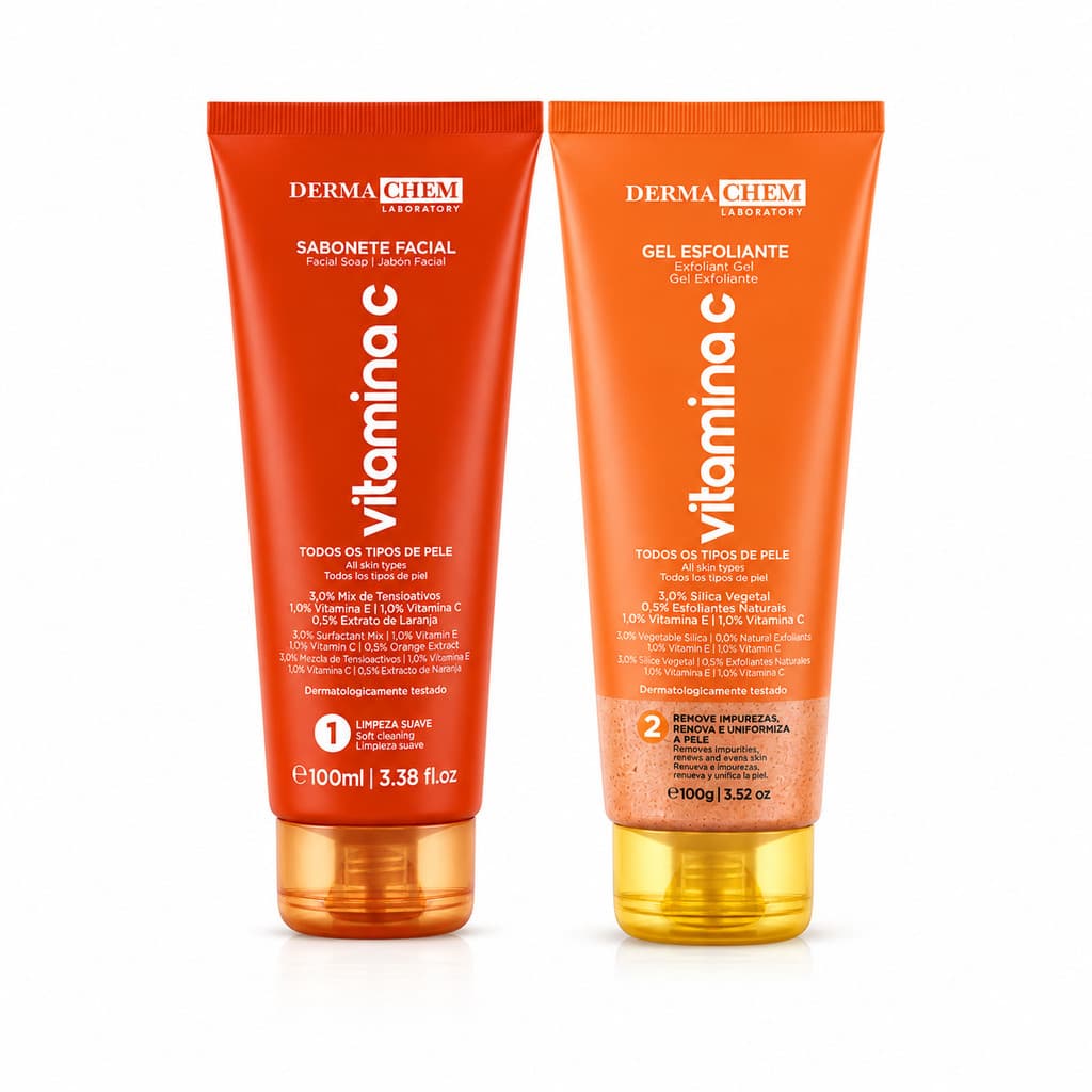 Kit Skin Care Vitamina C Anti-Idade Dermachem Sabonete Esfoliante Gel Facial Clareador Anti-Manchas