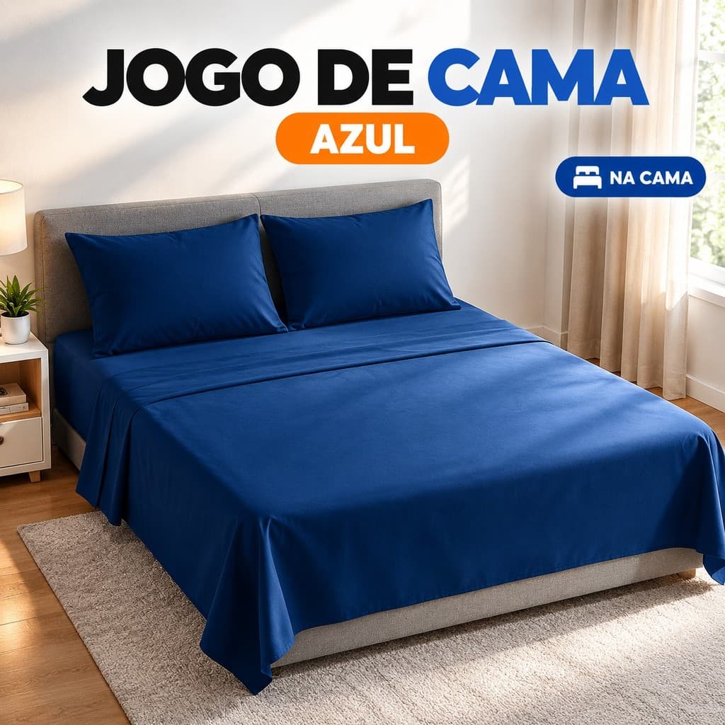 Jogo de Cama Casal Azul 400 Fios Lençol de Baixo com Elástico e 2 Fronhas 188x138x30cm