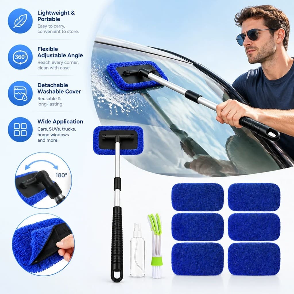 Kit De Escova De Limpeza De Vidro De Carro Com 6 Almofadas-Alça Retrátil Rotativa , Frasco De Spray E Detalhes