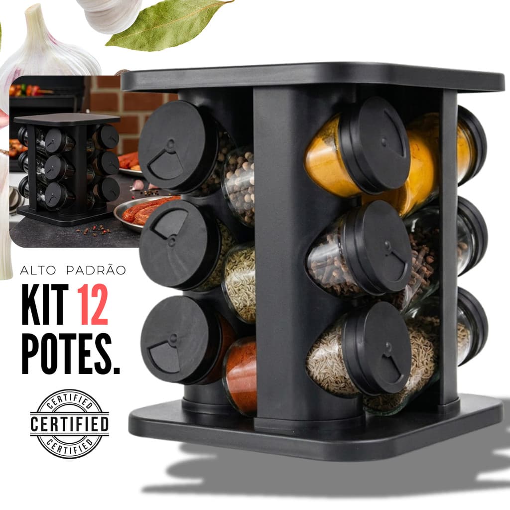 Porta Tempero Condimento Girátorio 12 Potes Cozinha Premium Preto 360 Graus Organizador  Dosador Profissional