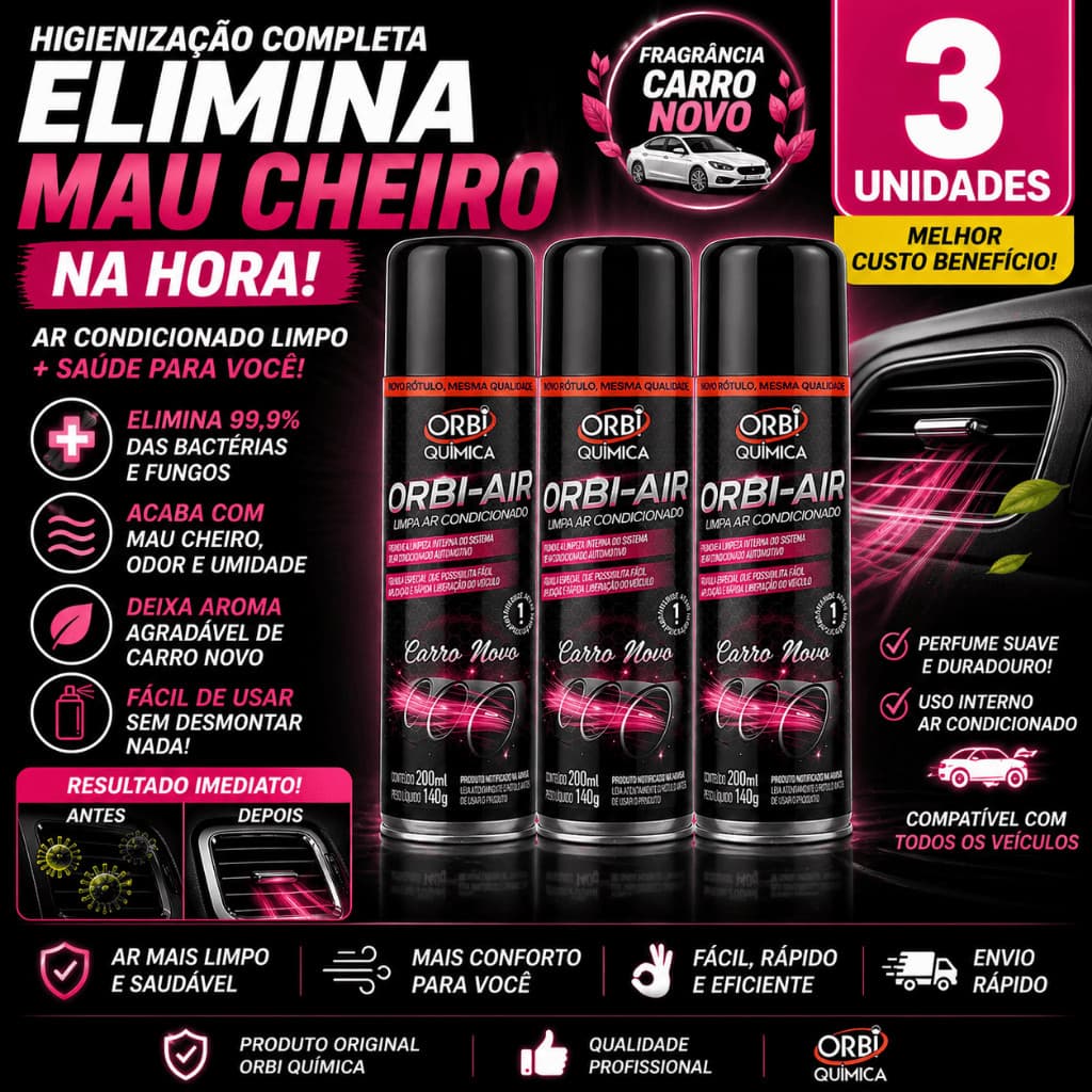 3un Limpa Ar Condicionado Carro Spra Antibacteriano Remove Mau Cheiro Imediato Orbi Air Carro Novo Kit 3