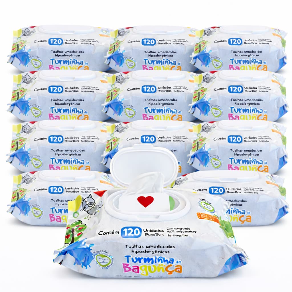 Kit 12 Lenços Umedecido Infantil Com Tampa Flip Top 120 Folhas - Limpeza Suave Pele Sensível Bebê - Turminha da Bagunça