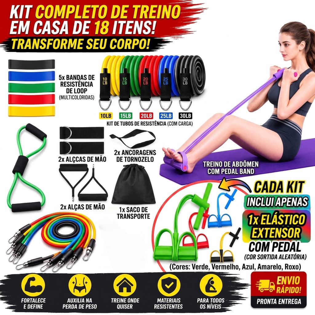 Kit 18 Itens Faixas Elásticas Fitness Extensor Musculação Treino em Casa Yoga Pilates Academia