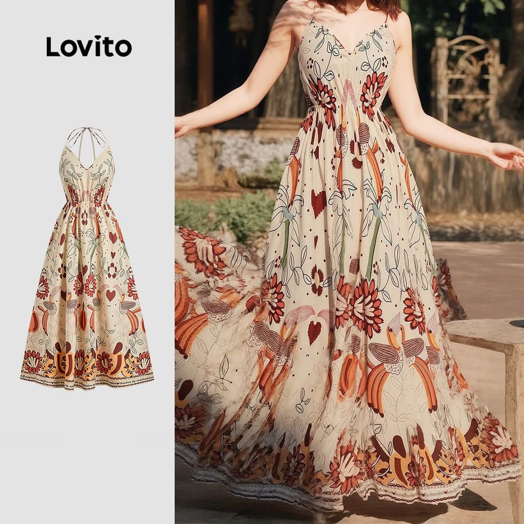 Lovito Vestido Vestido Boho De Férias Com Cadarço Para Primavera/verão Feminino Bordado LBL29123