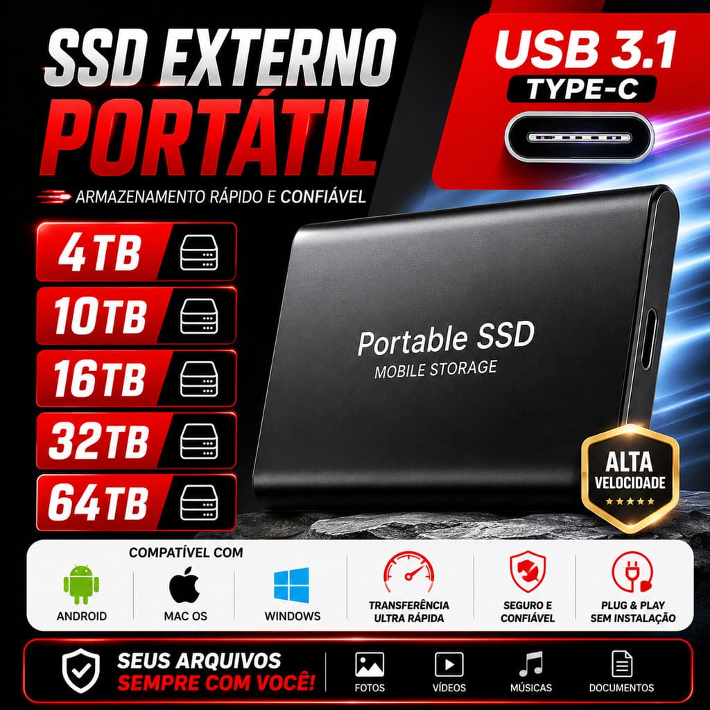 HDD SSD Externo Portátil USB 3.1 Type-C Alta Velocidade 2TB 4TB 10TB 16TB 32TB 64TB Compatível PC Notebook Mac Android