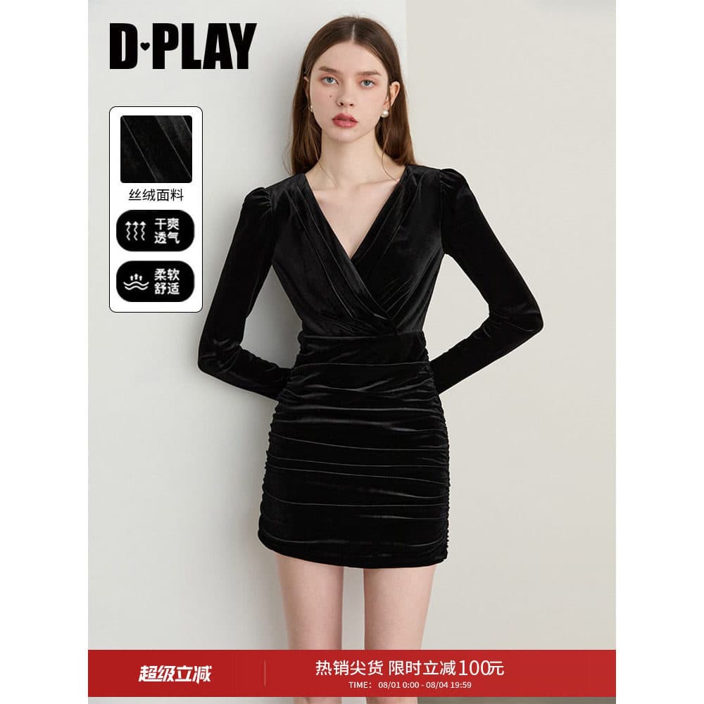 DPLAY [Série Honey Love Wardrobe] 2025 Outono Novo Estilo Vestido de Veludo Preto Vestido Feminino Vestido Pequeno Vesti