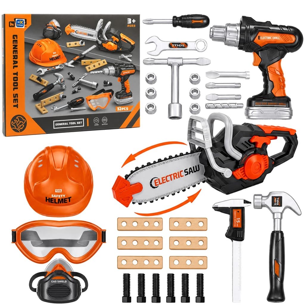 Kit Ferramentas De Brinquedo Completo 32 Peças Com Motosserra Parafusadeira Capacete - DK Toys