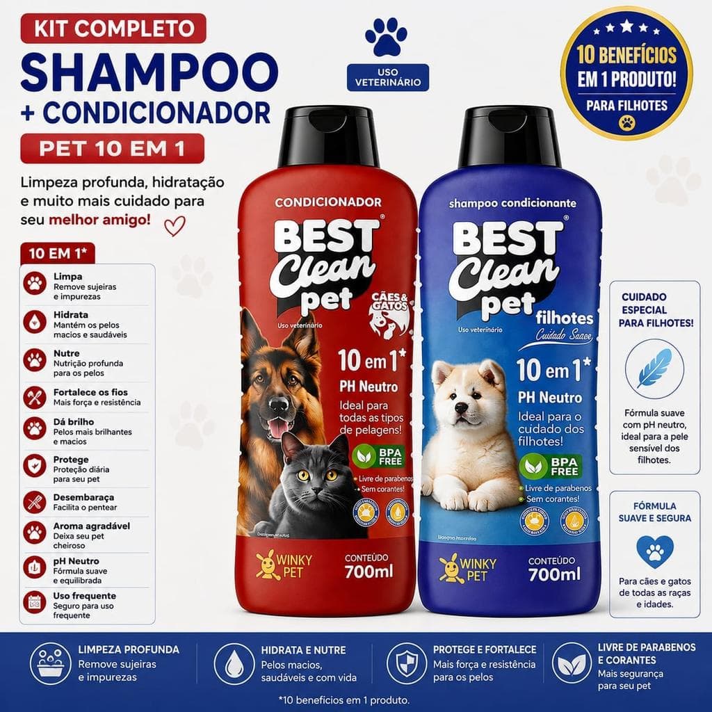 Kit Shampoo Filhotes + Condicionador Best Clean Pet 10 em 1 - 700ml cada | pH neutro, sem parabenos, para cães e gatos