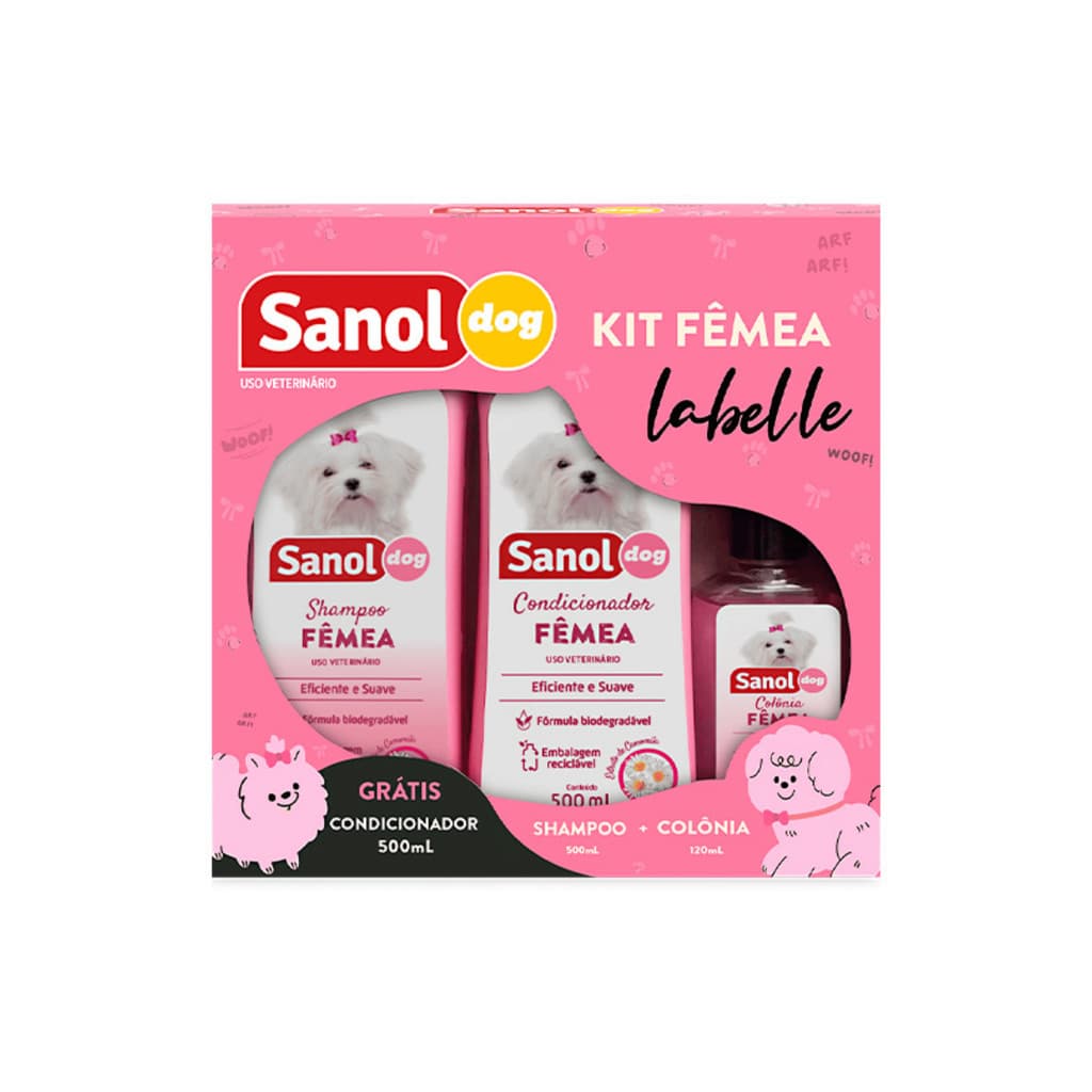 Kit Sanol Dog Fêmea Labelle Shampoo Condicionador e Colônia para Cães