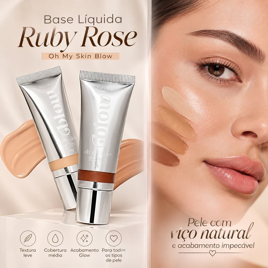 Base Líquida Ruby Rose Oh My Skin Blow HBM303 – Cobertura Média e Acabamento Glow