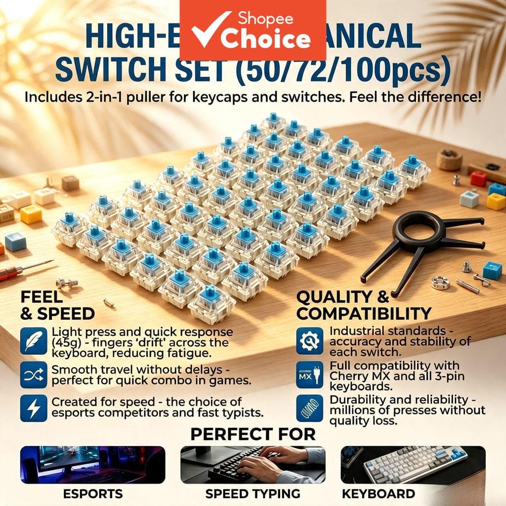 Interruptores Mecânicos Azuis Premium Clicky Conjunto de 50/72/100 Peças 3 Pinos Compatível com Teclado Ferramenta