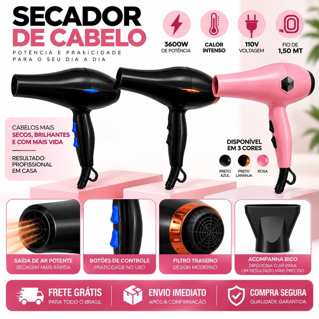 Secador de Cabelo Profissional 110V 3600W para Secagem Rápida YD-3237