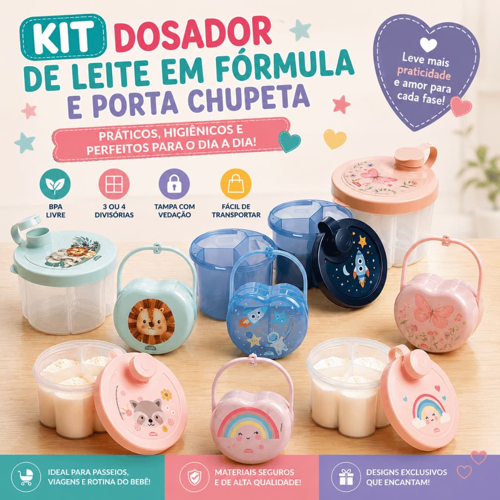 Kit porta de leite Fórmula em pó + porta chupeta bebê Infantil livre de BPA atóxico fofo dosador