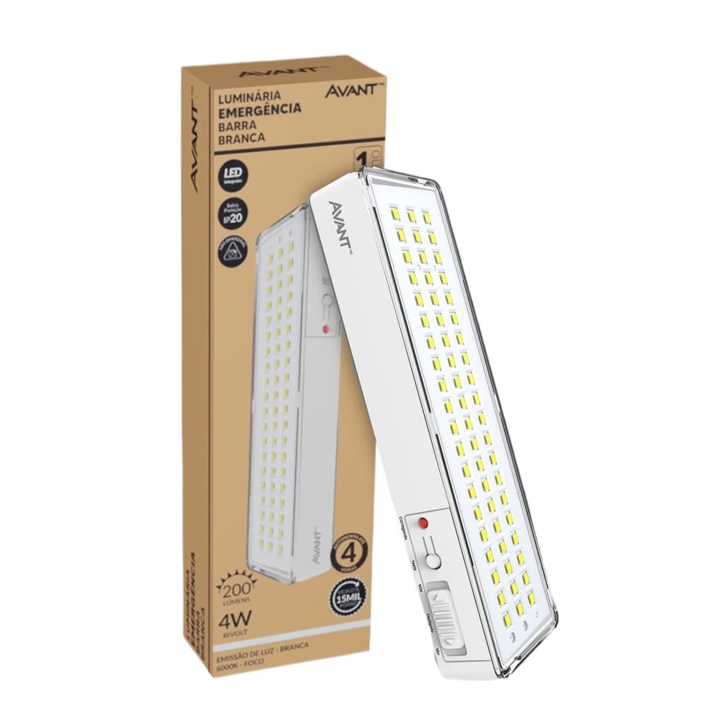 Luminária Led Emergência Barra Branca 4w Avant 60 Leds 6000k 110V/220V