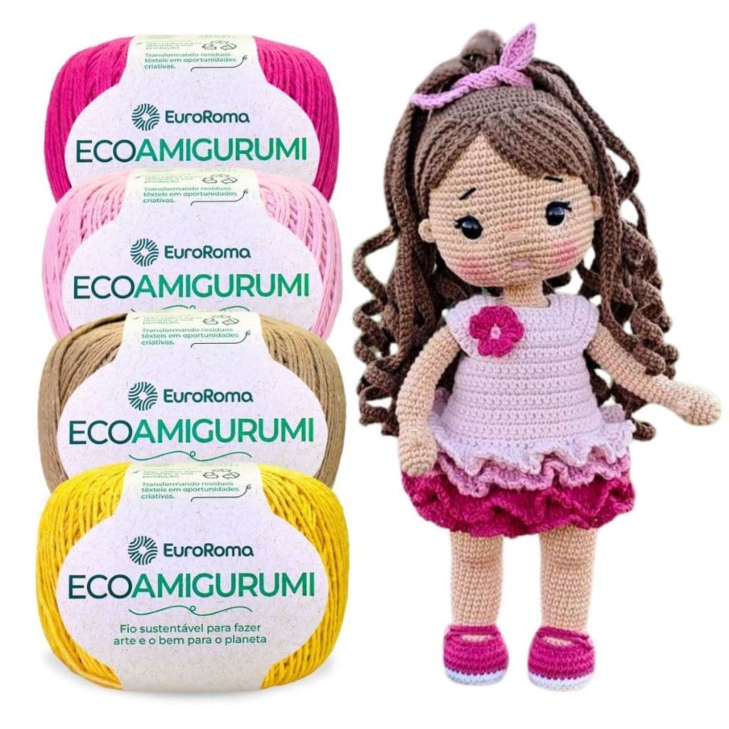 Kit 5 Linha Eco Amigurumi Euroroma 240M Bonecas Pelucia Naninhas Crochê Bebê Chocalhos Barbante