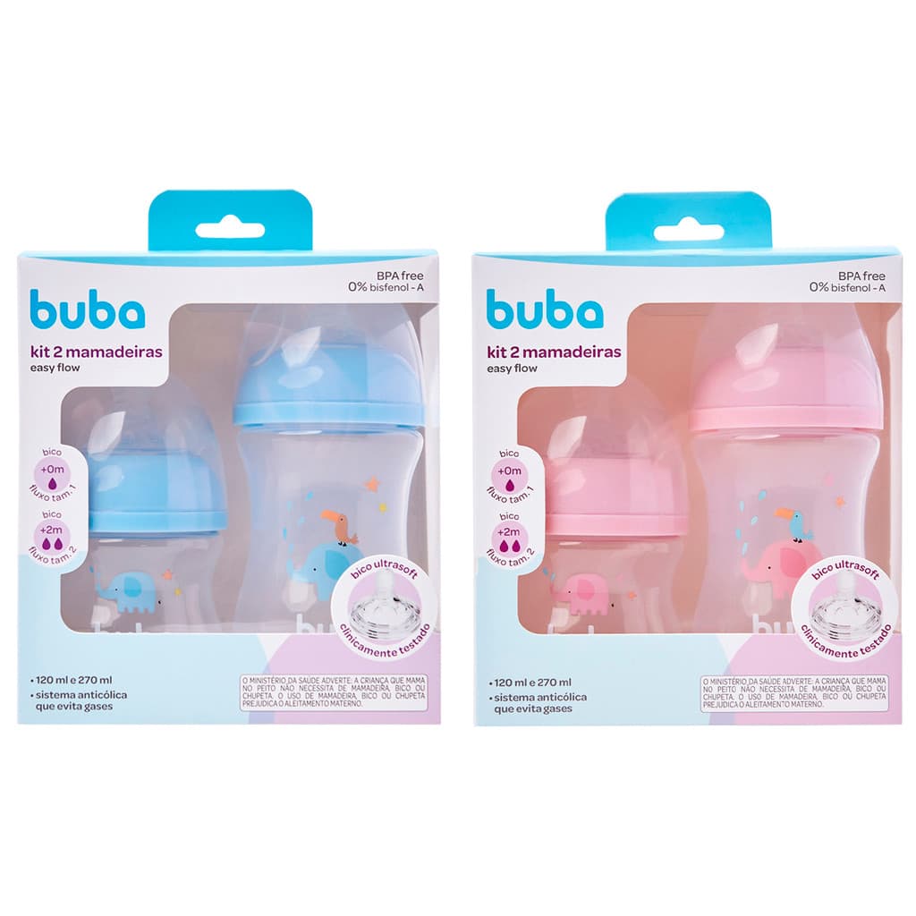 Kit 2 Mamadeira Buba Easy Flow Elefante Anticólica 120 Ml E 270 Ml