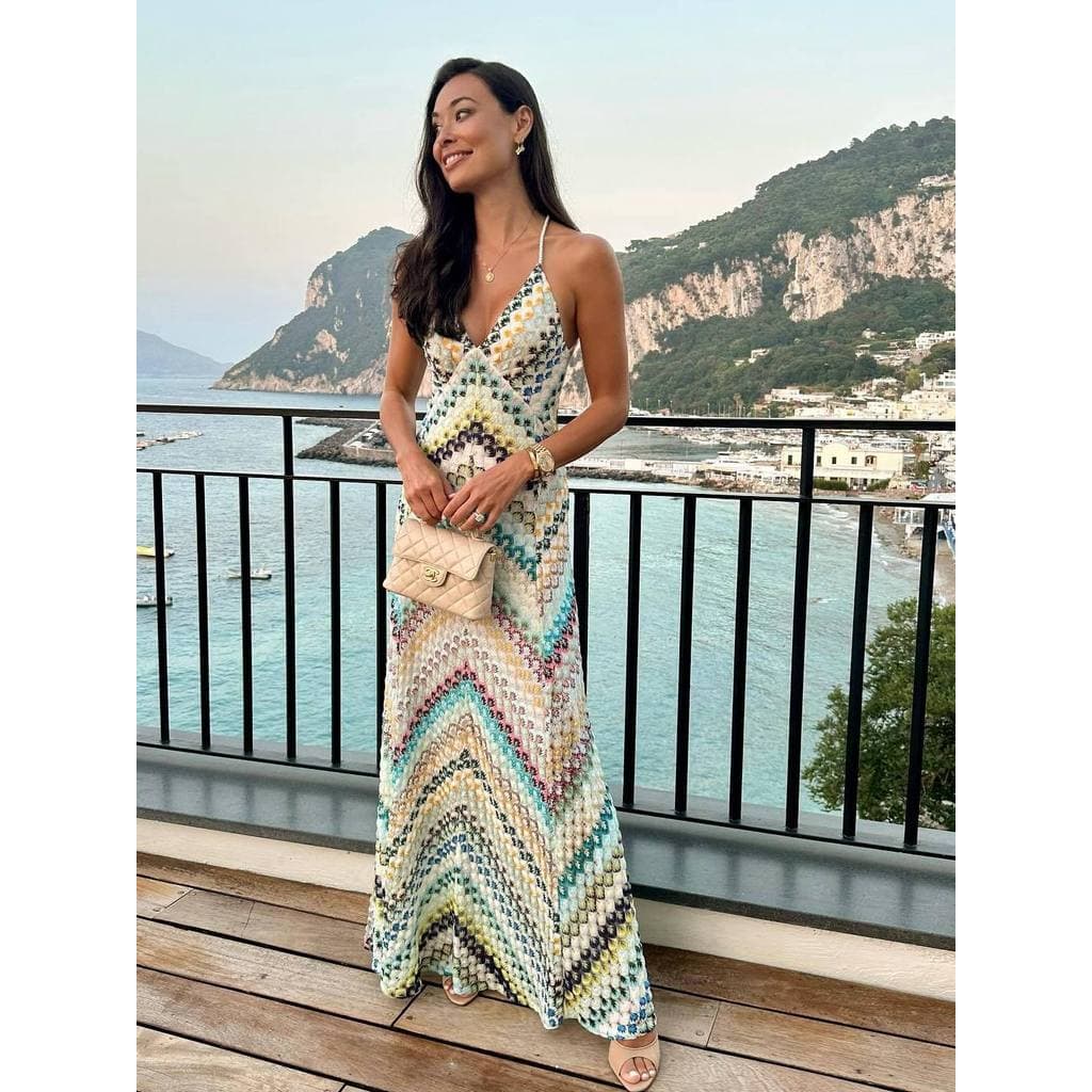 Vestido de crochê2026 europeu americano novo estilo feminino tricotado à mão costura vestido longo vestido estilingue de