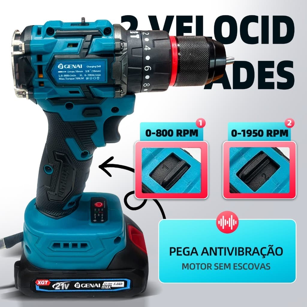 Parafusadeira Furadeira Brushless 21V 70N.m, 2 Baterias, Maleta Completa, Furadeira Elétrica Profissional