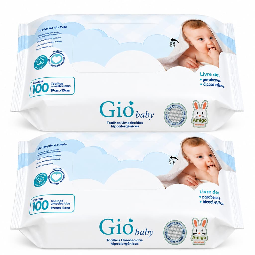 Kit 2 Lenços Umedecido 100 Folhas Cada - Hipoalergênicas Bebê - Gió Baby